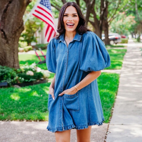 Karlie Denim Ruffle Pocket Dress Large - Picture 8 of 8